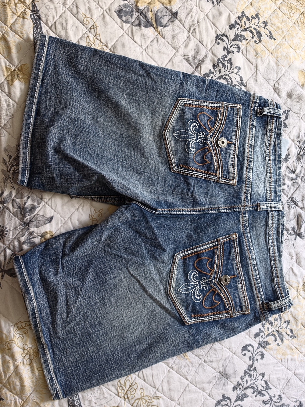 Crown Men's Distressed Blue Denim Jean Shorts with Embroidered Back Pockets